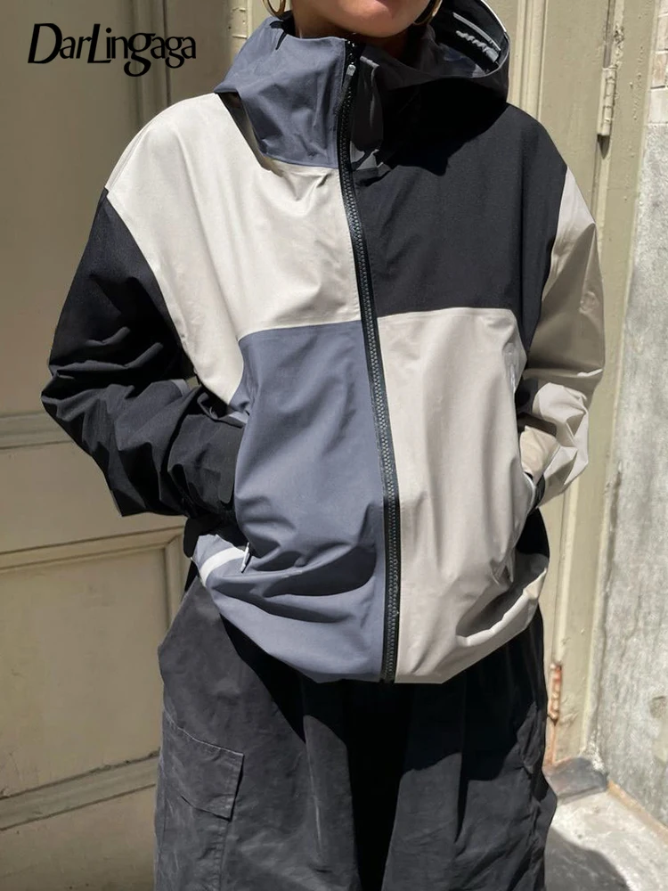 

Darlingaga Casual Loose Patchwork Hooded Trench Coats Streetwear Pockets Full Zip Up Jacket Autumn Winter Women Outfits Contrast