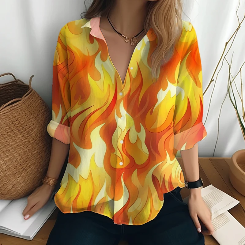 

Рубашка с длинным рукавом и 3D-принтом пламени, осенняя простая однобортная Модная рубашка, свободная Уличная Повседневная рубашка с отложным воротником