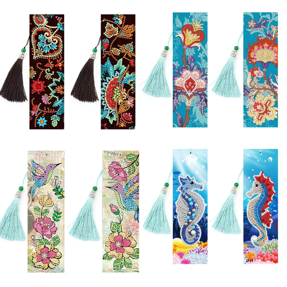 

New 2pcs set DIY 5D Diamond Painting Bookmarks PU Diamond Mosaic Embroidery Cross Stitch kit Gift flowers seahorse Bookmark