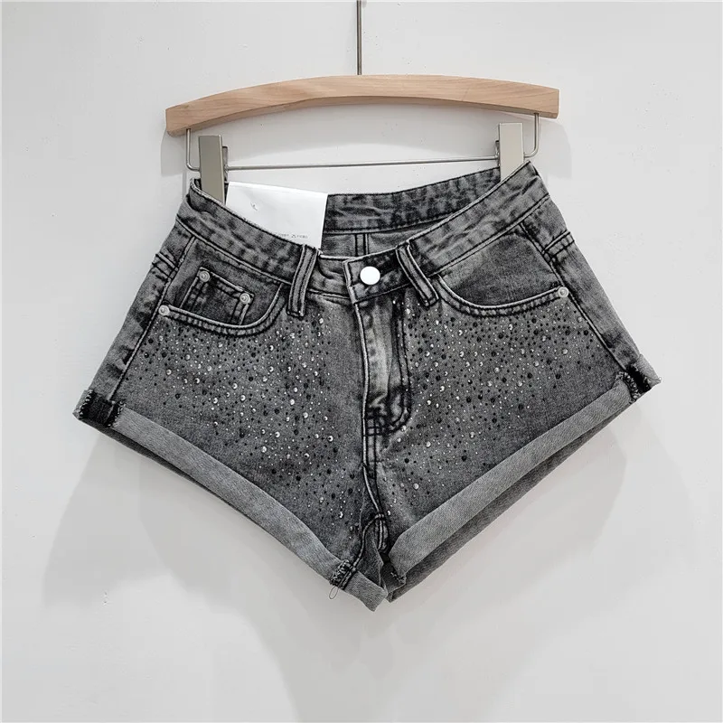 Sweet Pink Rhinestone Denim Shorts for Women Trendy 2023 New Summer High Waist Slimming Flanging Wide Leg Short Jeans Hot Pants
