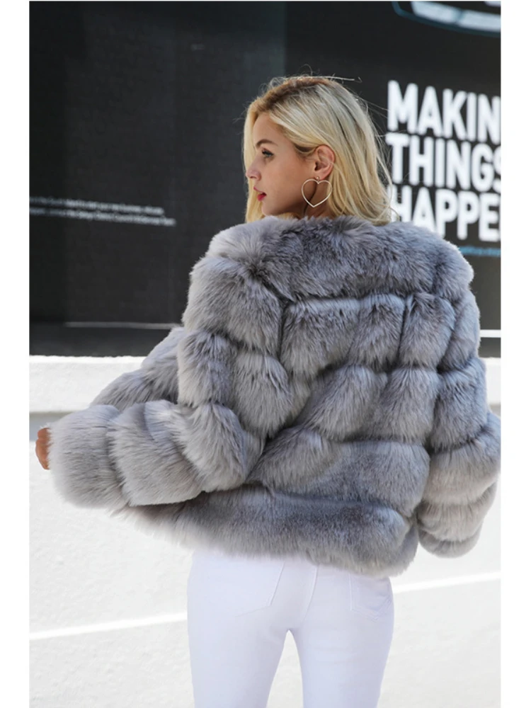 Fashion Faux Fox Fur Ladies Coat Women 2022 Winter Warm Slim Gray Fur Coat Imitation Fur Jackets Casual High Street Warm Outwear