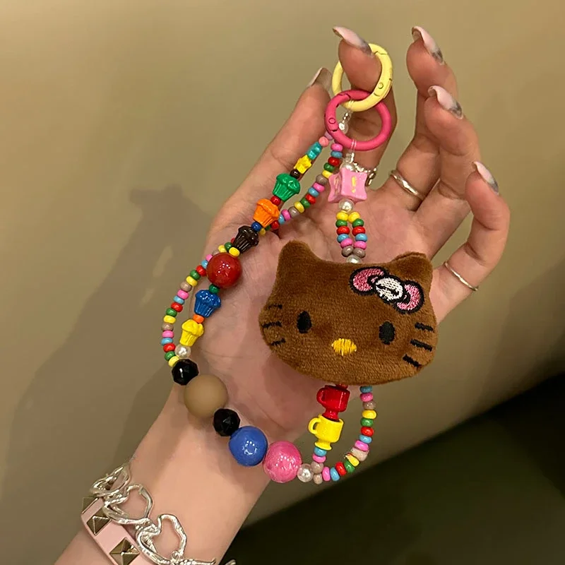 Kawaii Sanrio Hello Kitty Mobile Phone Pendant Inspearl Beaded Bracelet Bag  Decoration Accessories for Girls Sweet Keychain Gift