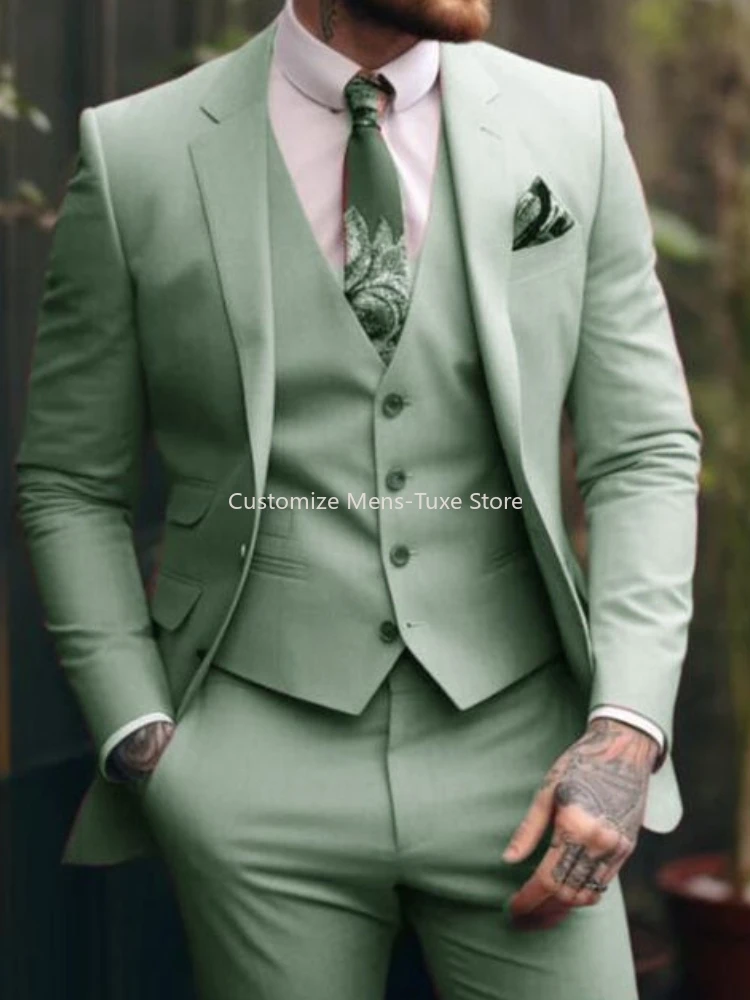 Зеленый комплект из 3 предметов мужские костюмы (пиджак + жилет брюки) свадебные