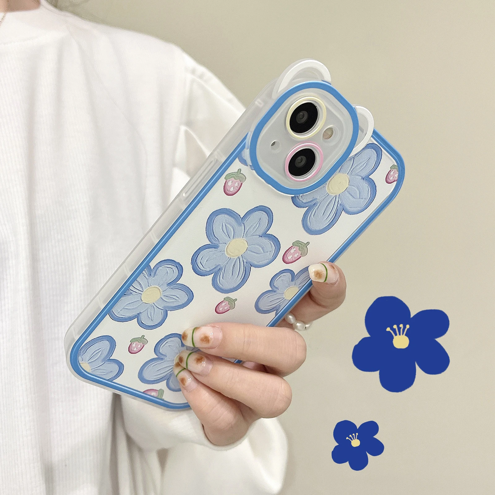 Милый корейский чехол для телефона с голубыми цветами и клубникой iPhone 13 11 12 Pro Max X