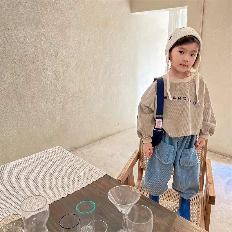 2022 New Children Corduroy Sweatshirt Autumn Baby Long Sleeve T Shirts Fashion Boys Girls Letter Print Sweatshirt Kids Shirts