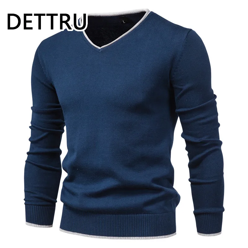 

New 100% Cotton Pullover V-neck Men Sweater Solid Color Long Sleeve Autumn Slim Sweaters Men Casual Pull Men Clothing