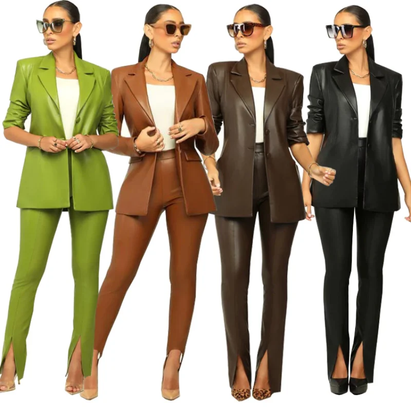 Autumn and winter 2022 new solid color, senior slim, high-end leather V-neck design, split Slim-fit pants suit for women