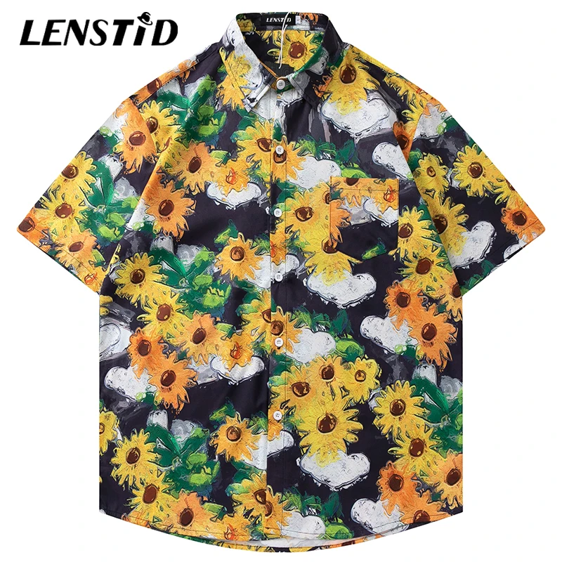 Летние мужские Гавайские пляжные рубашки LENSTID с коротким рукавом в стиле хип-хоп