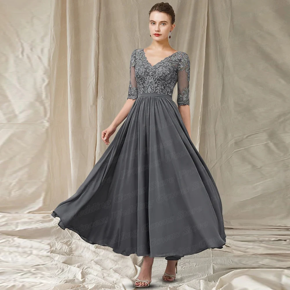 

Formal Mother Of The Bride Dresses Half Sleeve Applique Ankle Length Chiffon Mom Gown V Neck Elegant Wedding Guest Party Wear