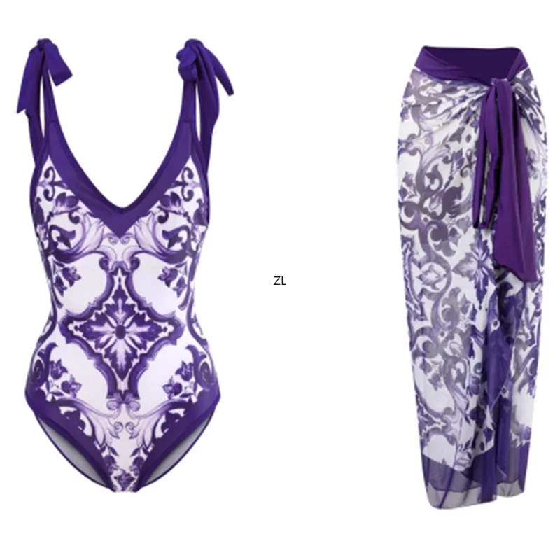 Bodysuit Skirt Cover Ups Sets Women Swimsuit Bandage Bathing Suit Fashion New Print Splice Beach Bodysuit Skirt Cover Up Outfits