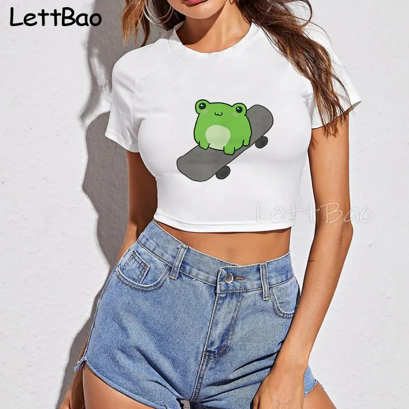 Женский короткий топ с круглым вырезом и коротким рукавом |