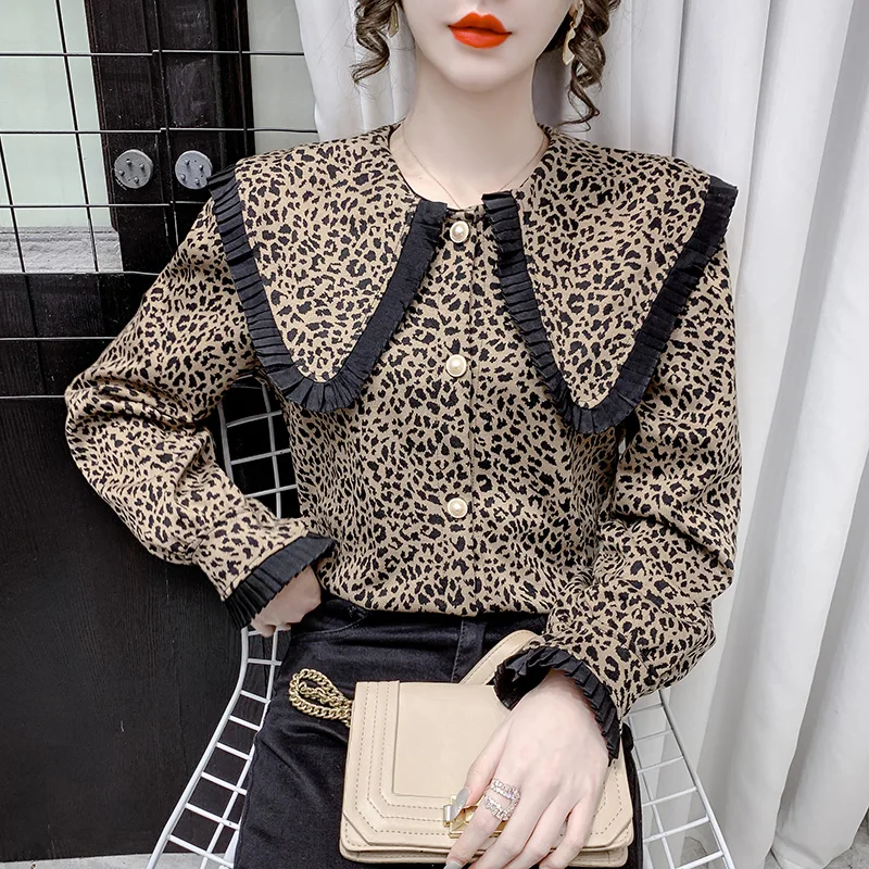 

Chiffon Women's Blouse Loose Polo Girl's Shirt Summer Fashion Casual Leopard Long Sleeve Top Office Lady Blusas