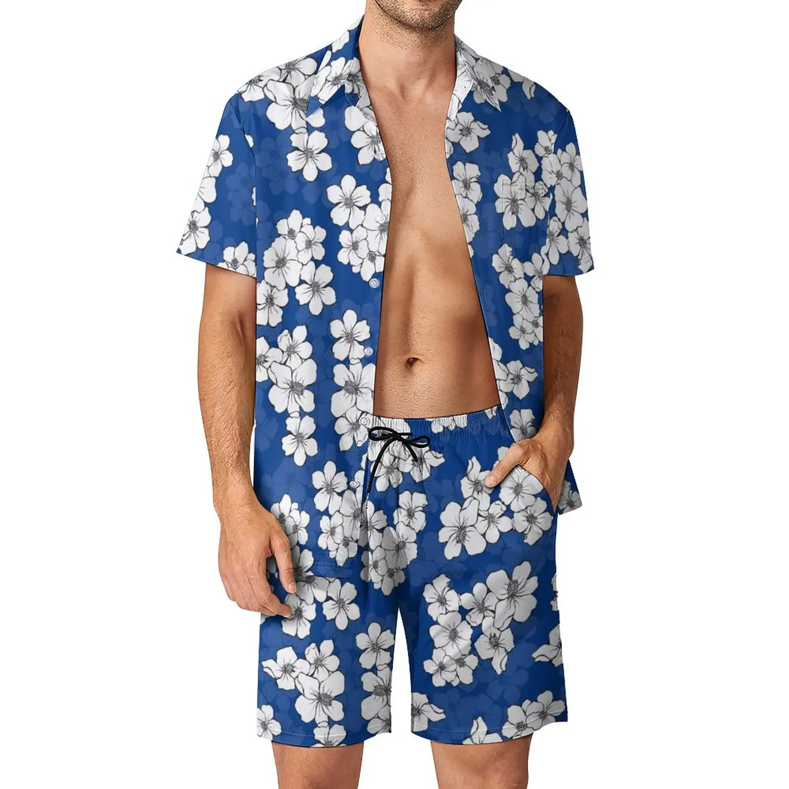 

White Flower Print Men Sets Retro Floral Casual Shorts Beach Shirt Set Summer Fashion Suit Short-Sleeved Oversized