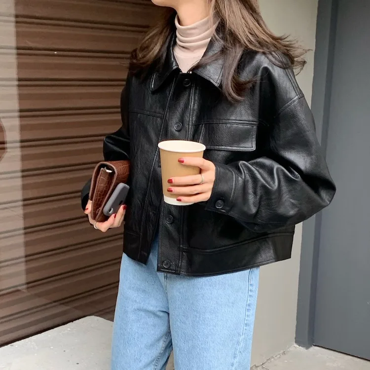 Autumn Short Brown Black Thick Oversized Faux Leather Jackets for Women Long Sleeve Buttons Runway Loose Korean Fashion 2023