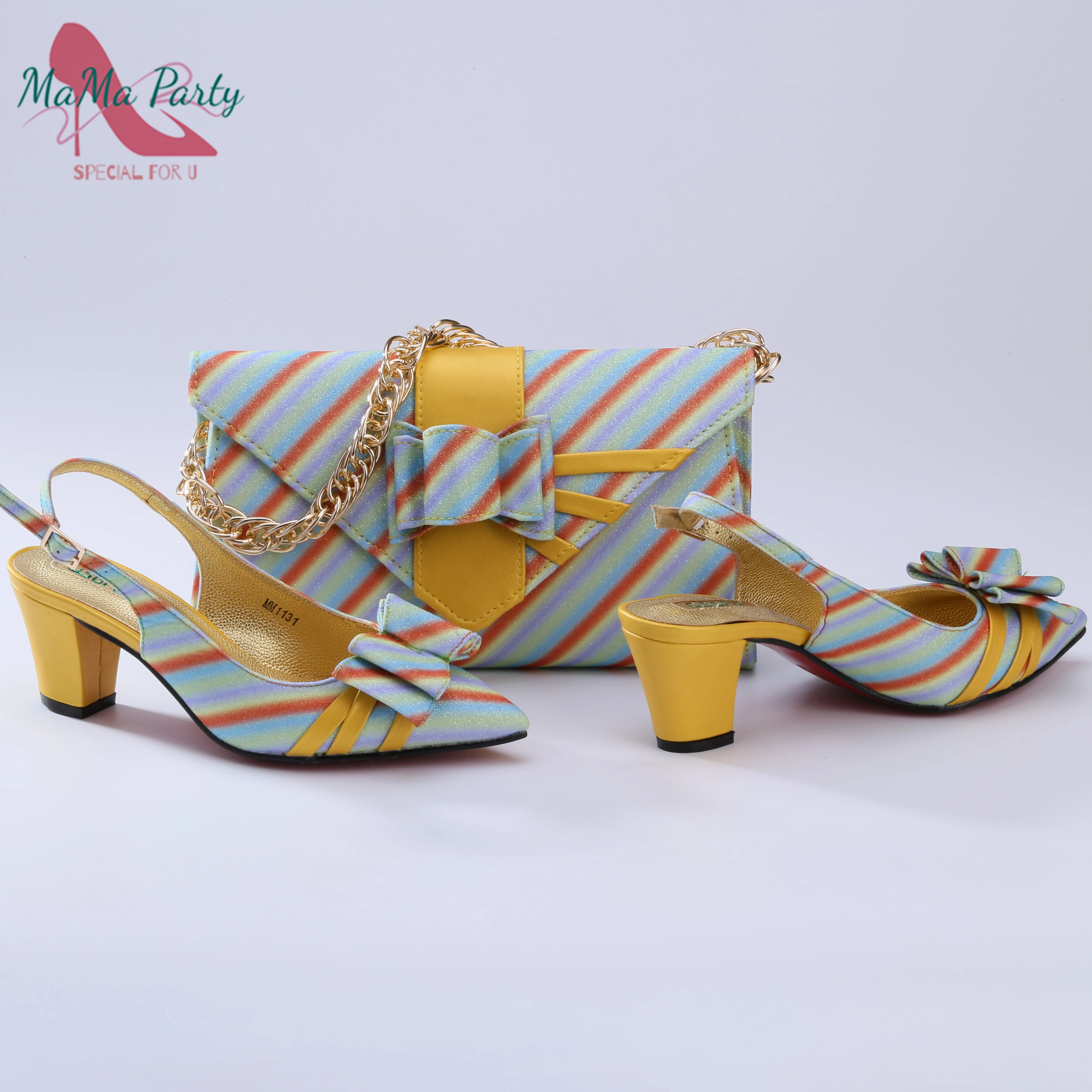 

2022 Mature Buckle Strap Sandals Nigerian Women Shoes and Bag Set in Yellow with Mixed Colors Style