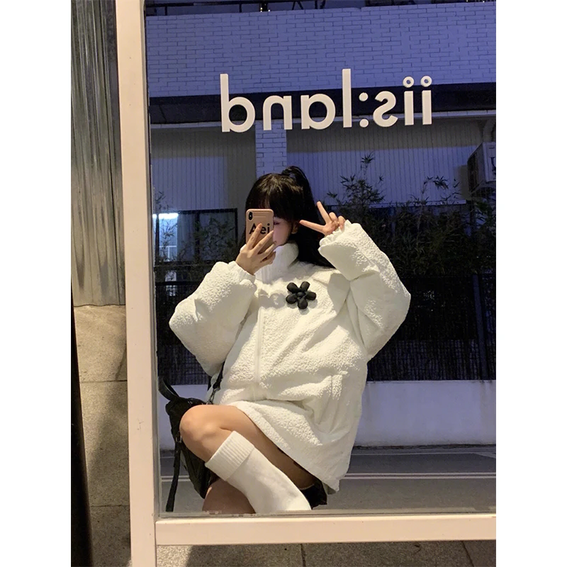 White Down Jacket For Women In Winter, Korean Version, Loose Oversize, Stand Collar, Small, Cotton Padded Jacket, Fashionable