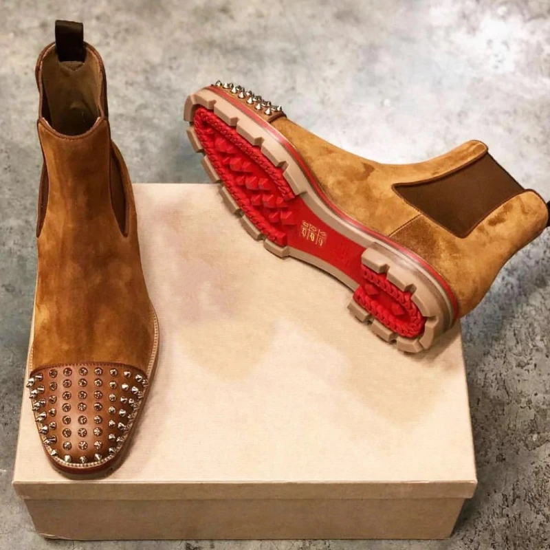 Chelsea Boots Flock Rivet Square Toe Red Sole Punk Handmade Men Short Boots Free Shipping Bottes Pour Hommes