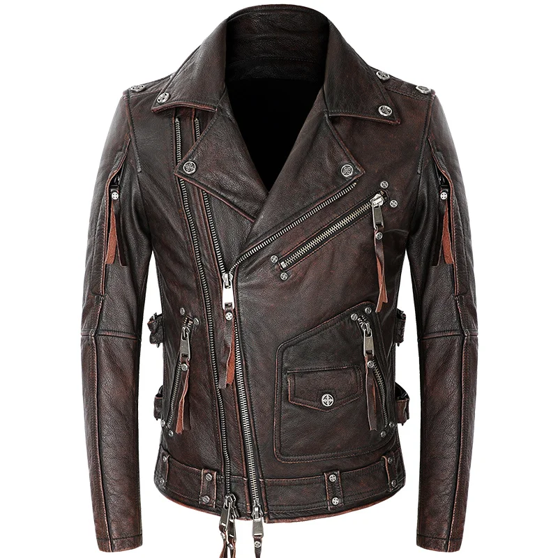 

Мужская винтажная байкерская куртка, мотоциклетная куртка из 100% воловьей кожи на молнии в стиле панк-рок, мотоциклетные куртки для мотоциклистов