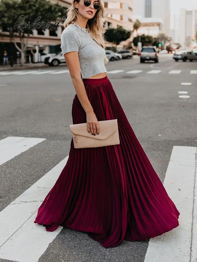 

Fashion High Waist Elegant Vintage Long Skirt Women 2022 Spring Summer Big Hem Pleated Black Maxi Skirts Womens Jupe Femme