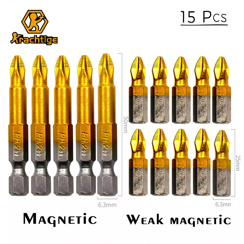 Krachtige 15pcs 1/4 Hex Shank Magnetic Screwdriver Heads 25/50MM Anti Slip PH2 Phillips Titanium Coated Screwdriver Drill Bits