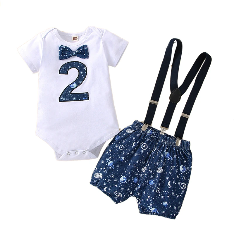 

Baby Clothes Boy 2pcs Set Stars Printed Romper with Suspender Pants New Born Items for 2nd Birthday Cake Smash Photograph