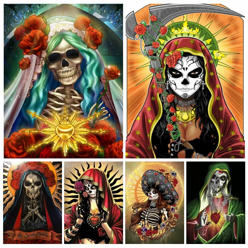

Santa Muerte Art AB Diamond Embroidery Painting Mexican Sugar Skull Girl With Red Flowers Cross Stitch Handcraft Room Decor
