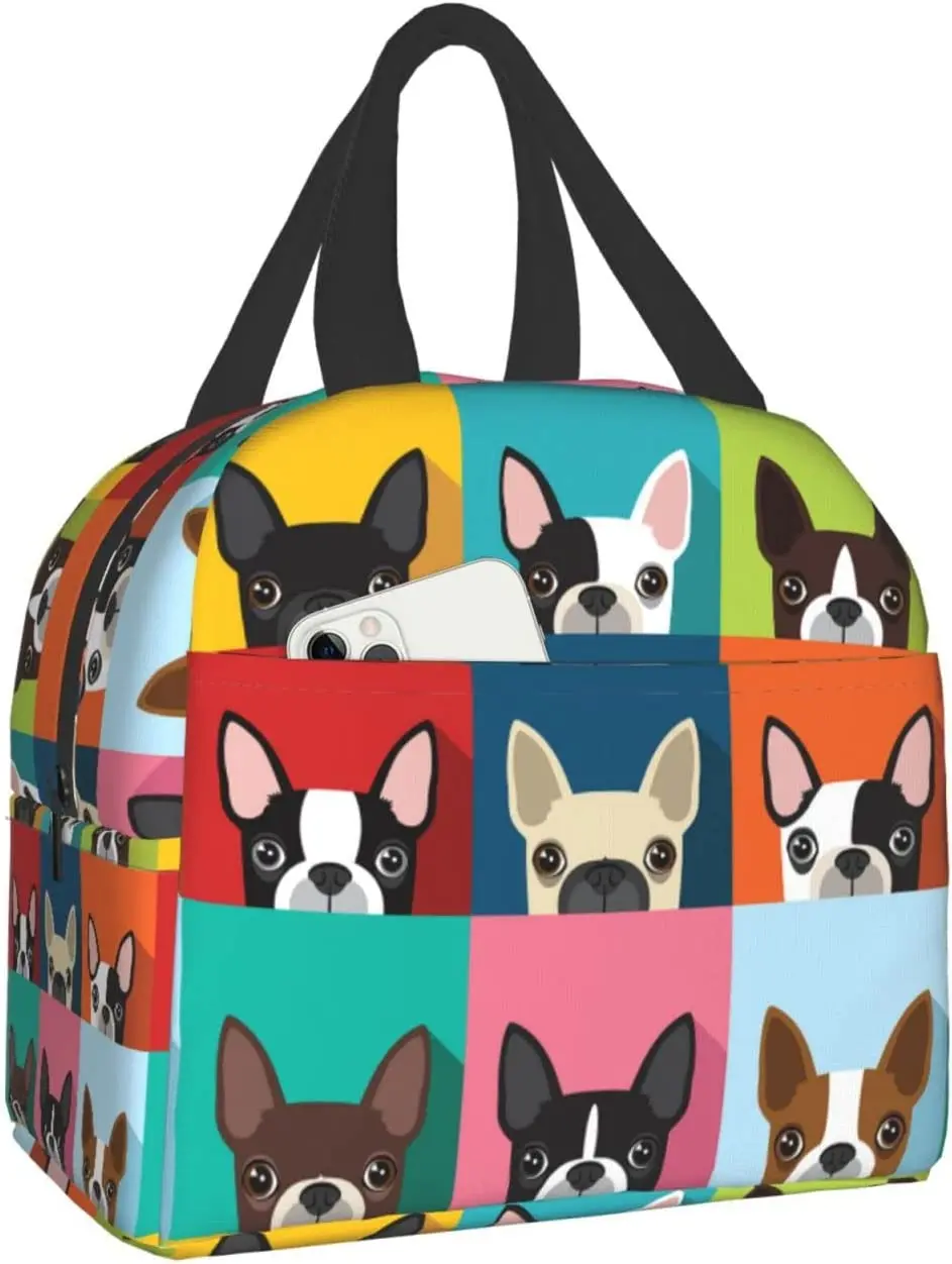 

Cartoon Boston Bulldog Terriers Lunch Bags For Women Portable Cooler Tote Bag Large Reusable Insulated Lunch Box For Travel Work