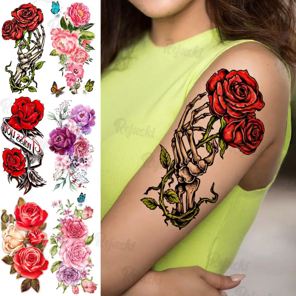 

Акварельная роза, цветок, скелет, временные татуировки для женщин и девушек, Реалистичная бабочка, лотос, искусственное тело, тату