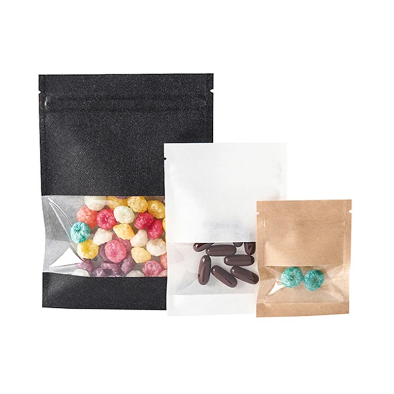 

20pcs Kraft Paper Bags Zip Lock Brown/Black/White With Clear Small Window for Pouches Tea Coffee Bean Candy Food Packaging Chea