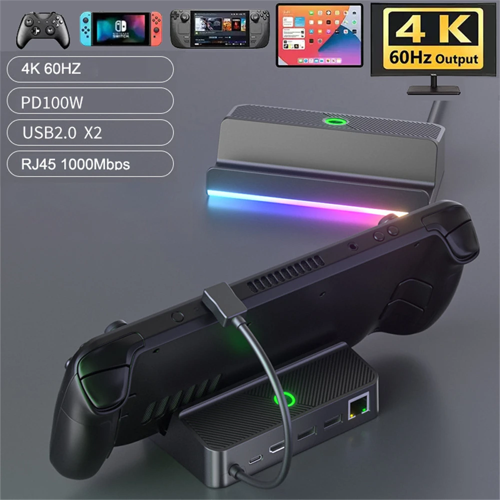 

New Steam Deck Docking Station Rgb Stand 5-in-1 Hub Steam Deck Aluminum Docking Station Gaming Accessories 2023 Abs Deck 1pc
