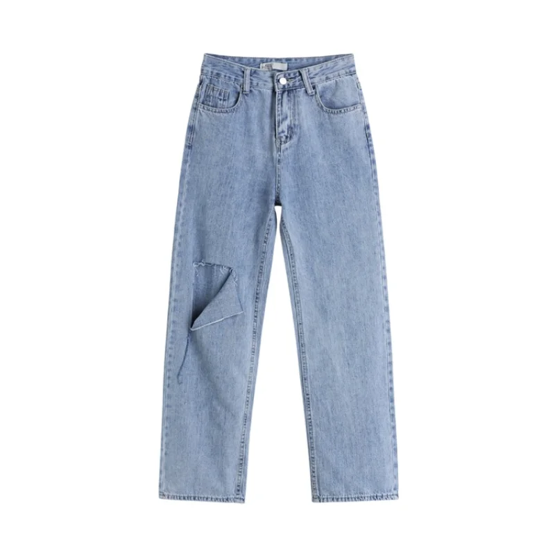 Female Washed Blue Jean Trousers y2k Women Street Style Casual Loose Straight Denim Pants Classic High Waist Ripped Hole Jeans
