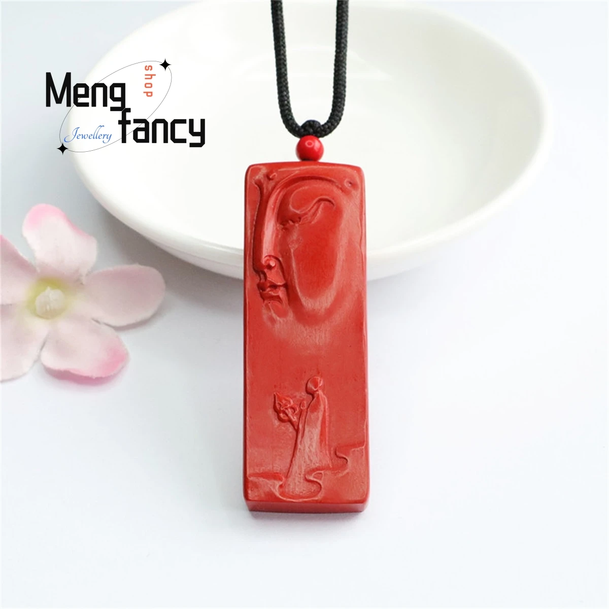 

Natural Cinnabar Square Brand Wudao Pendant Simple Generous Personality Retro Charm Fashion Ethnic Style Men Women Amulet Mascot