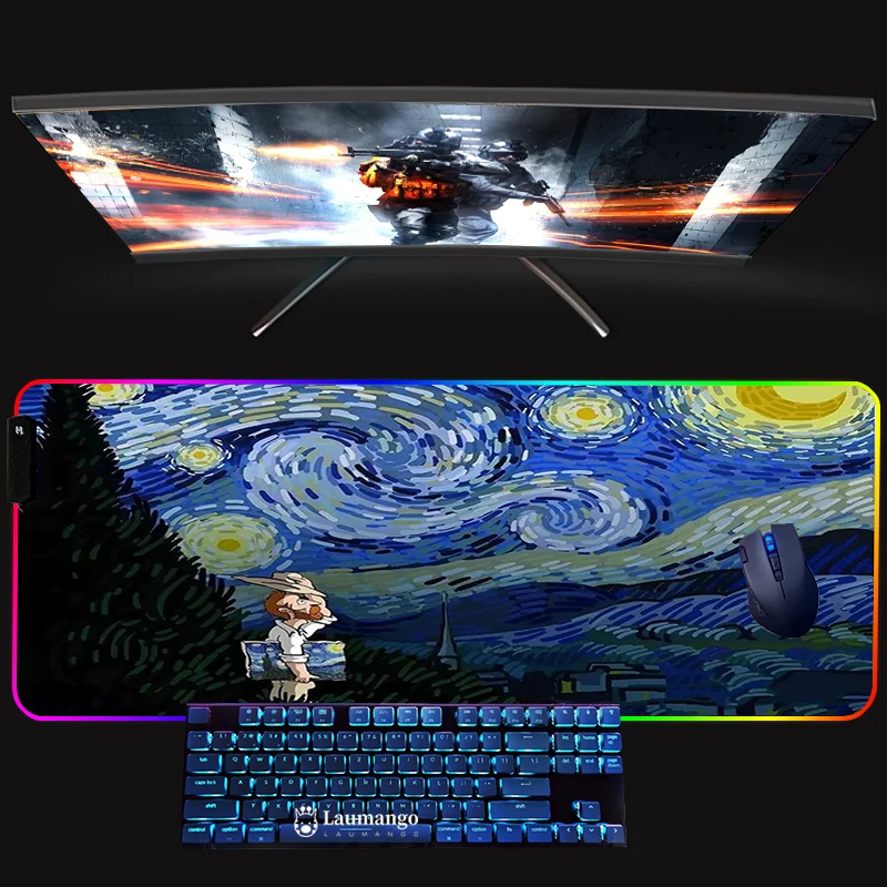 

RGB Gaming Mouse Mat Pad Lock Edge Deskmat Van Gogh Large 90x30 PC Gamer Cabinet 900 × 400 Extended Girl Backlight Mats Keyboard