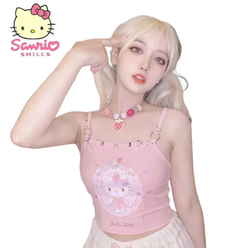 

Kawaii Sanrio Summer New Hellokitty Undershirt Fashion Cartoon Cute Girls Short Section Slim Thin Halter Tops Female Clothing
