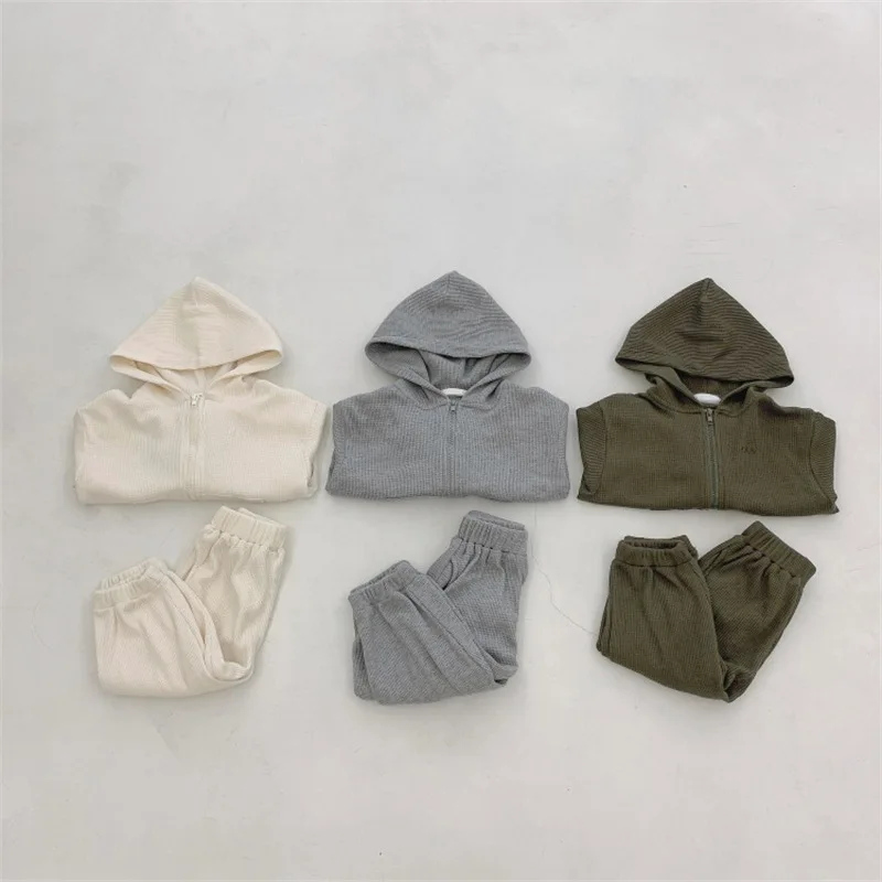 Spring Autumn Boys and Girls Solid color Waffle clothes sets zipper hooded coat and pants 2Pcs children set