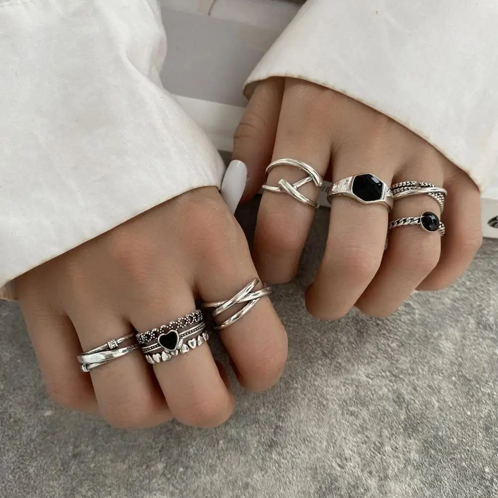 

7Pcs/Set Ladies Rings Geometric Anti-fade Decoration Cross Love Women Party Rings Fashion Jewelry Knuckle Rings for Dating
