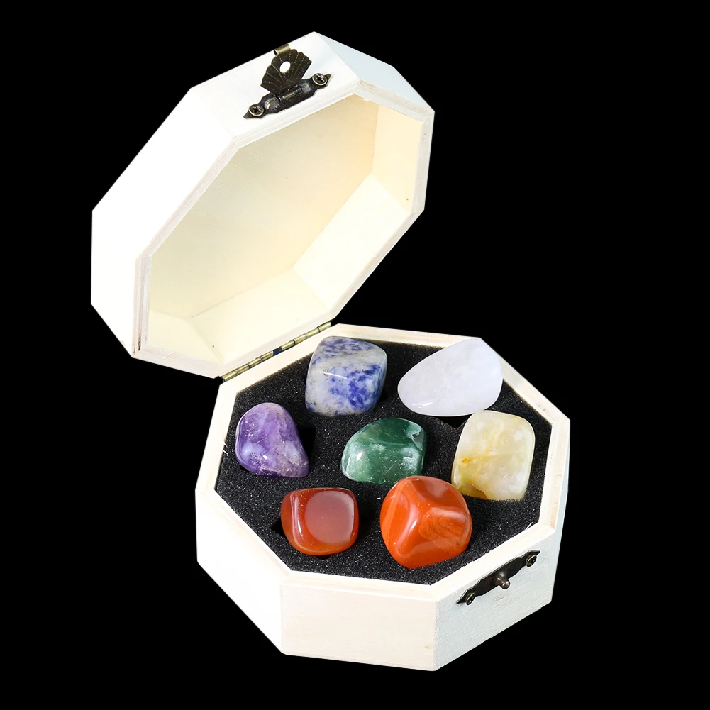 

Real Crystal Gems Chakra Ornaments Irregular Yoga Reiki Energy Protection Spiritual Healing Quarz Home Decor Wooden Gift Box Set