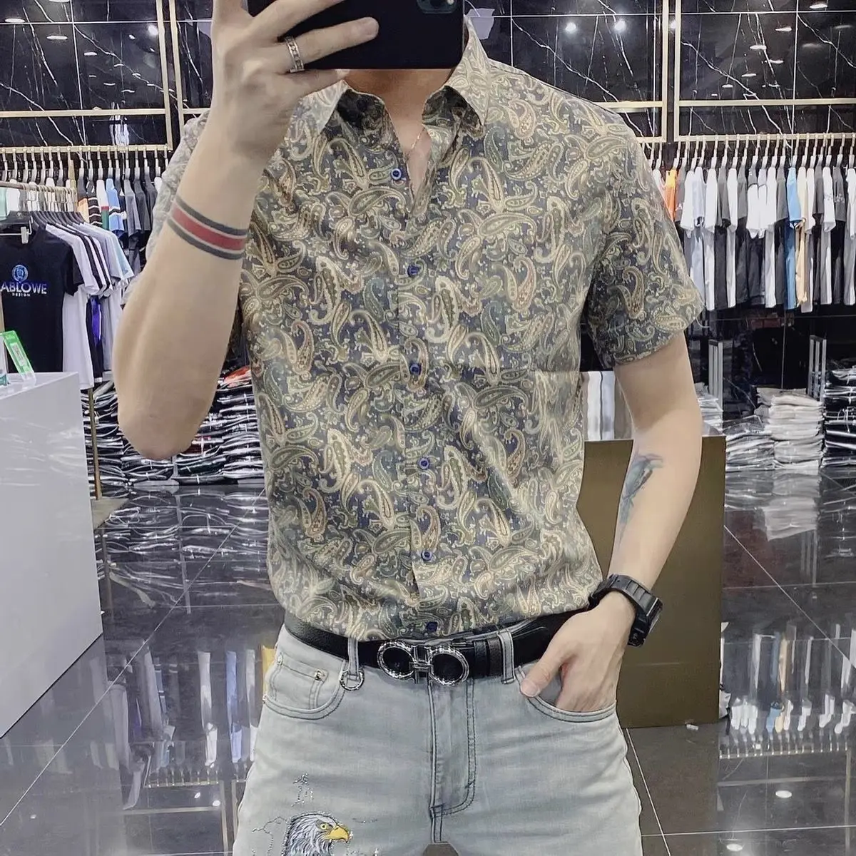Men's Clothing Spring/Summer Korean Men's Fashion Personality Printed Shirt Slim Fit Lapel Long Sleeve Floral Shirt Clothes Men