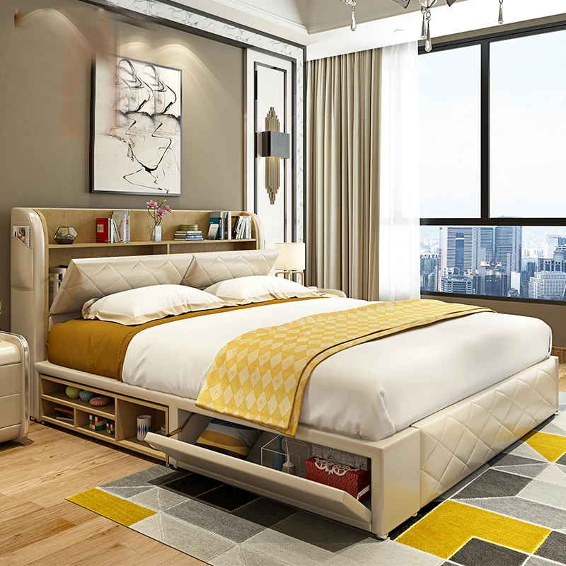 

Nordic Genuine Leather Bed Frame Designer Fashional Camas Rectangle Upholstered Lit Double Beds with Storage