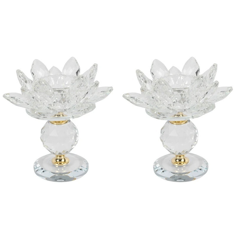 

2X Glass Block Lotus Flower Metal Candle Holders Feng Shui Home Decor Big Tealight Candle Stand Holder White