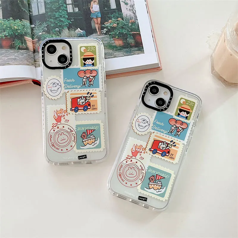 

2022 New Ins Net Red Cartoon Stamps Transparent Apple Drop Proof Case for iPhone 14 Promax 13 Pro 12 11