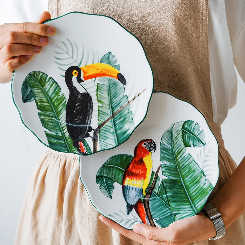 

8 inch Hand-painted Bird Dinner Plate Under-glazed Ceramic Dinner Dishes Dessert Tray Flower Parrot Dinnerware Microwave Safe