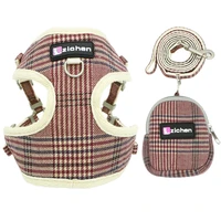 plaid dog harness with snack bag leash adjustable soft warm puppy cat harness leash set for small medium pet vest dog supplie