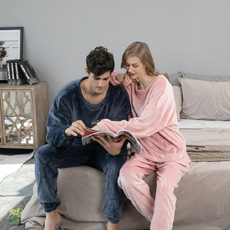 Winter New Men's Flannel Hooded Pullover Pyjama Set Thick Warm Long Sleeve Velvet Sleepwear Suit Couples Casual Home Costumes