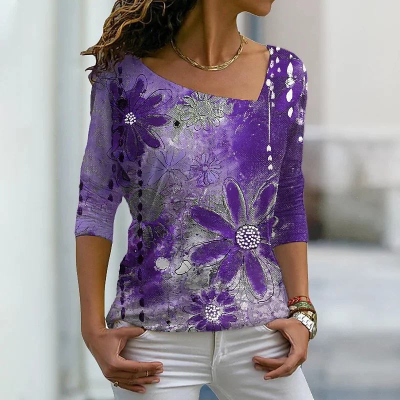 

Women's Floral Theme T shirt Floral Plants V Neck Basic Tops Purple plus size
