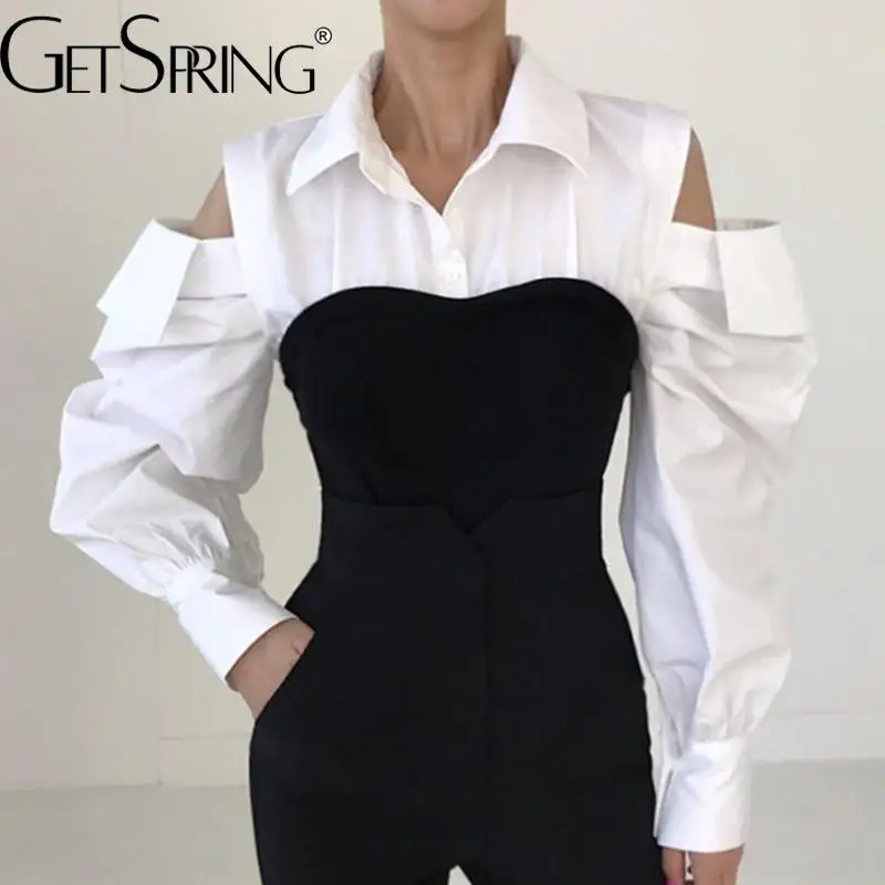 

GetSpring женская рубашка 2022 осень шикарная цветная контрастная двойная ажурная женская блузка с открытыми плечами и длинным рукавом модная но...