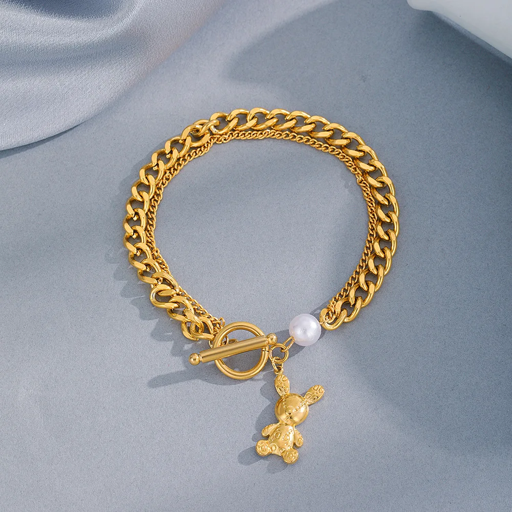 

Stainless Steel New Double Layer Bear Bracelet 18K Gold-Plated Simple Fashion Pearl Bracelet for Women Jewelry Gift