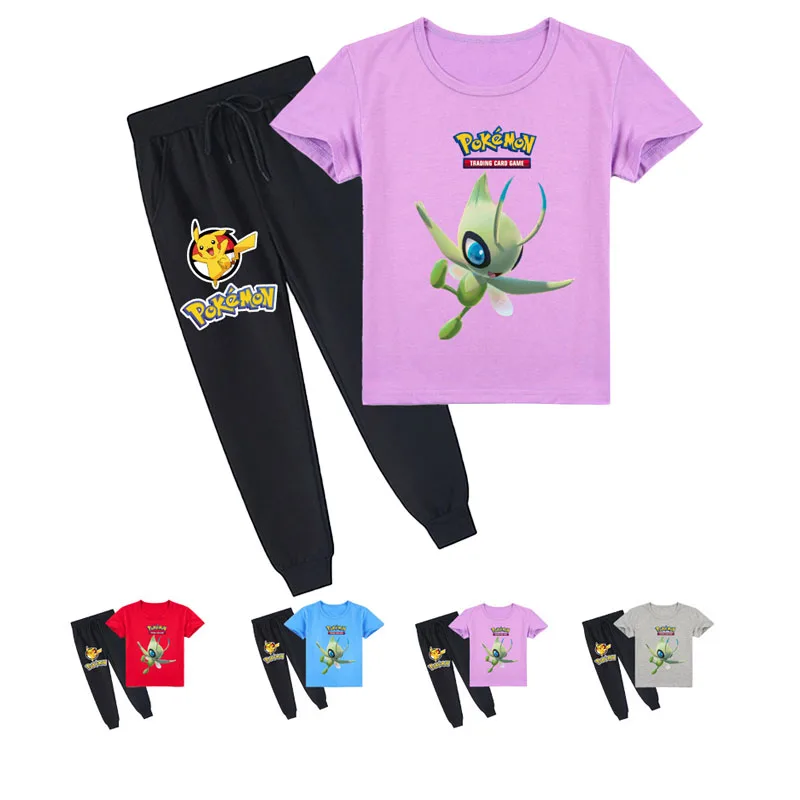 

Летняя детская одежда с изображением покемона из аниме, кавайная одежда, повседневная футболка с круглым вырезом и короткими рукавами + брю...