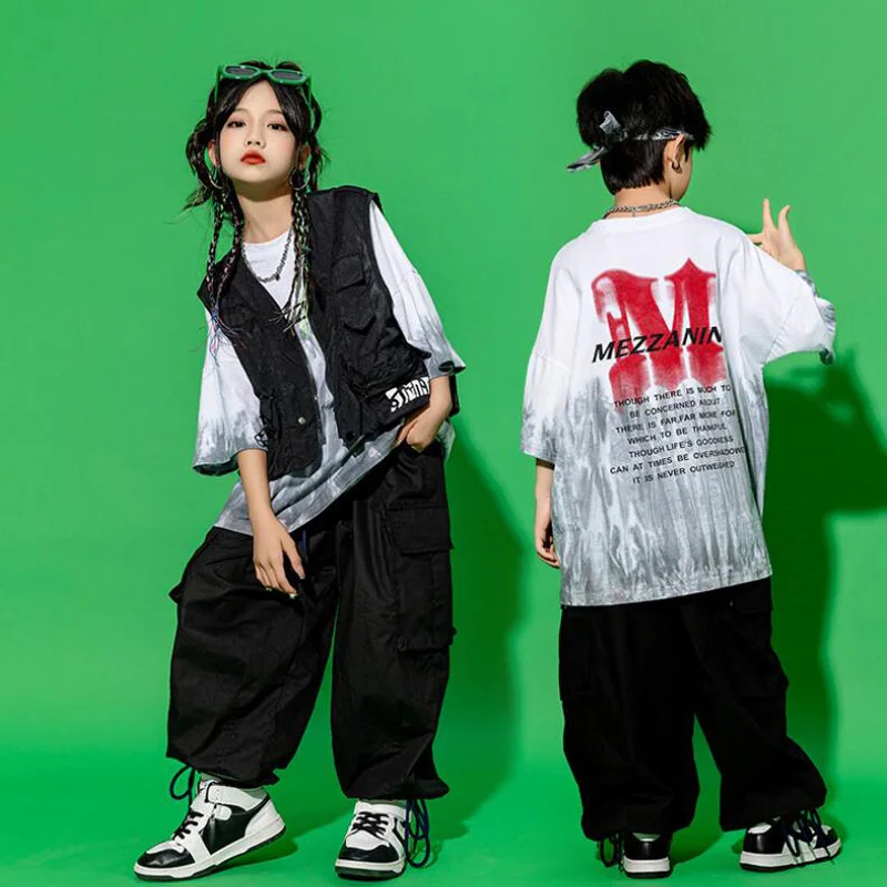 

Детская одежда для шоу в стиле хип-хоп, куртка, жилет, белая футболка, шаровары-карго, мешковатые брюки для девочек и мальчиков, костюм для бальной комнаты и уличного танца, одежда