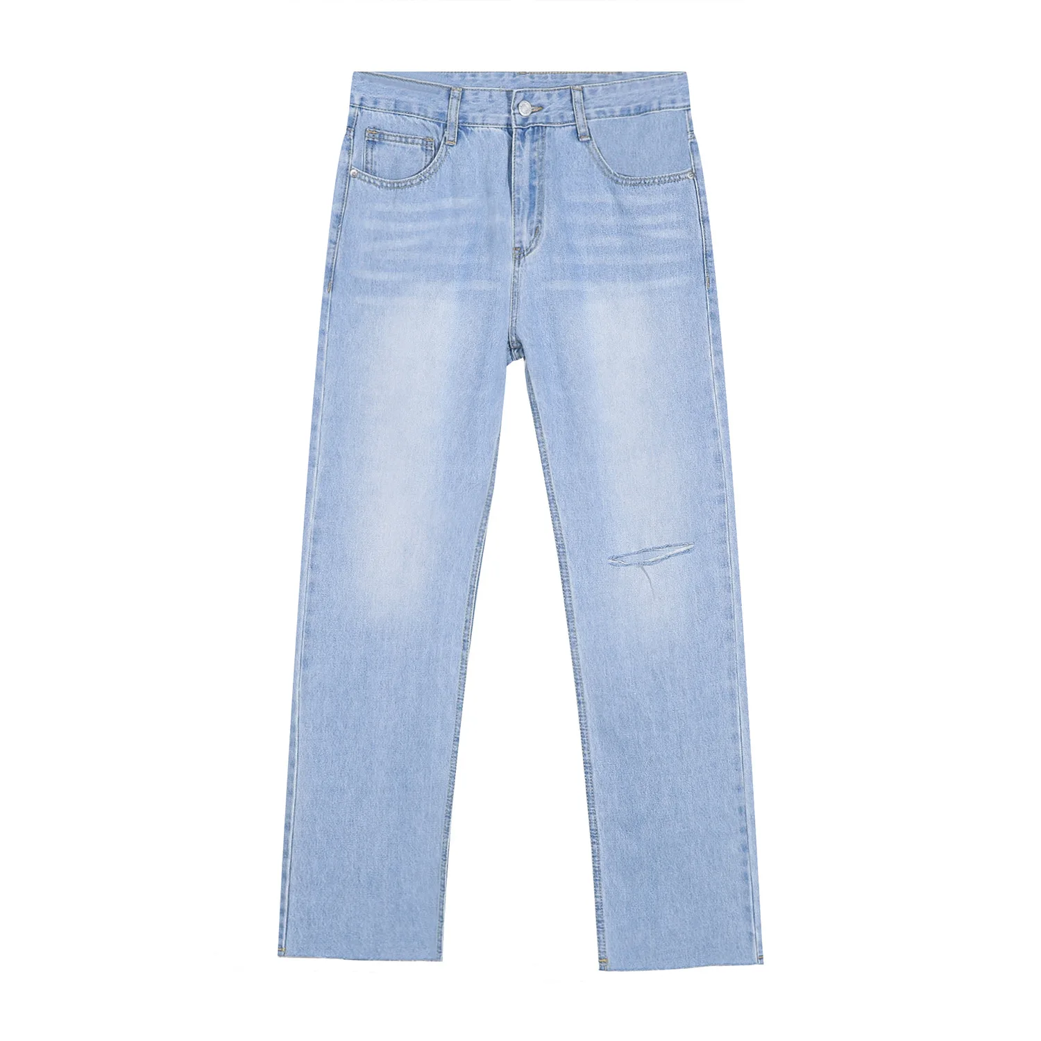 Four Seasons Men's Korean Style Straight Simple Hole Design Men's Jeans Hip Hop Streetwear Jeans Denim Mens Pants Wide Leg Jeans